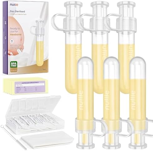 Nuliie Colostrum Collector Kit 7ml/6pcs, Leakproof, Reusable Breast Milk Collector, Heat & Freezer Resistant, BPA-Free, With Cotton Cloth Wipe, Storage Case, Cleaning Brush - Ready-to-Use for Newborns
