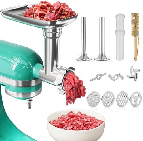 Metal Food Grinder Attachment for KitchenAid Stand Mixer, Meat Grinder Accessories Includes Sausage Stuffer Tube, Easy to Clean, Perfect for Home Kitchen Use