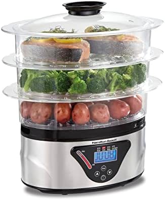 Hamilton Beach Digital Electric Food Steamer & Rice Cooker for Quick, Healthy Cooking with Stackable Three-Tier Bowls for Vegetables and Seafood, 8.25 Quart, Black & Stainless Steel