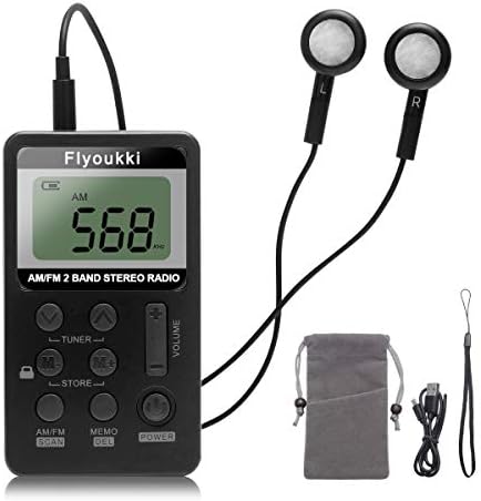 Pocket Small Radio by Flyoukki, Personal Mini AM FM Portable Digital Tuning Transistor Radios with Best Reception, Earphones, Lanyard and Rechargeable Battery for Walking Jogging Exercising (Black)