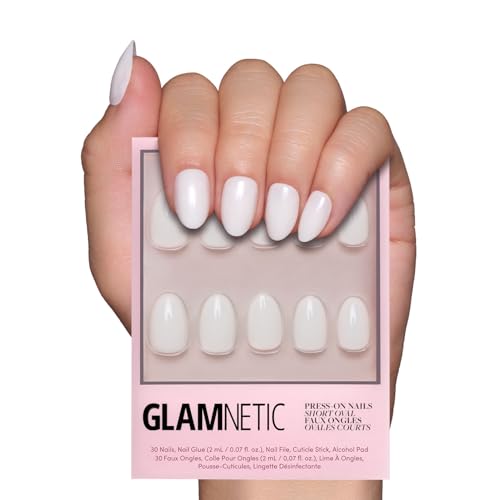 Glamnetic Press On Nails - White Swan | Opaque Classic Off White Short Oval False Nails, Reusable Stick On Fake Nails with Glue | Salon Quality | 15 Sizes - 30 Nail Kit