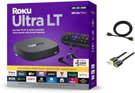 Roku Ultra LT Streaming Device, 4K | HDR | Dual-Band, Wi-Fi, with Roku Voice Remote and HDMI Cable, with MTC USB Extension Cord and HDMI Cable