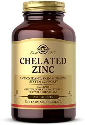 Solgar Chelated Zinc, 250 Tablets - Zinc for Healthy Skin - Supports Cell Growth & DNA Formation - Exerts Antioxidant Activity - Supports A Healthy Immune System - Non GMO, Vegan - 250 Servings