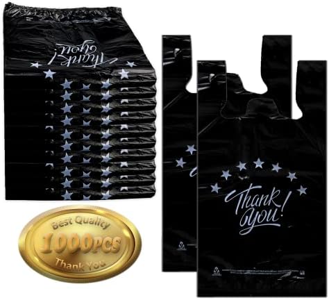 1000Count Black Bags, Thank you T shirt bag, Grocery shopping bag Reusable and Disposable Supermarket Bag 11''x6''x21''