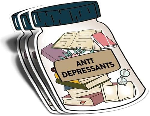 (3Pcs) Books Anti-Depressants Matte Sticker Reading Lover Nerd Book Addict Bookish Decal Waterproof Vinyl Stickers Adult for Laptop Kindle Tumbler Water Bottle Mug Phone Notebook - Size 3”x2”