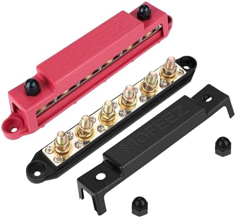 Mofeez Power Distribution Block Bus Bar, 6 x 3/8" Posts, 10 x #8 Screws Terminals, Max 48V 250A (Pair, Red & Black)