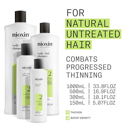 Nioxin Scalp + Hair Thickening System 2 Shampoo, For Natural Hair with Progressed Thinning, 10.1 fl oz (Packaging May Vary)