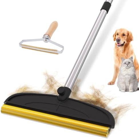 2 in 1 TPU and Copper Rake Teeth Carpet Rake for Pet Hair Removal, 60inch Adjustable Long Handle Pet Hair Remover, Reusable Cat Dog Hair Rake Broom, Lint Remover Scraper for Carpet,Rugs,Bed,Couch