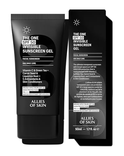 Allies of Skin - The One SPF 50 Invisible Sunscreen Gel with Vitamin C, Green Tea, Carrot Seed, Red Raspberry Seed Oil & Licorice Root, and 5 Antioxidants & Skin Conditioners. 50 ml/ 1.7 oz
