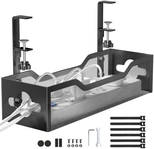 Under Desk Cable Management Tray No Drill, Metal Mesh Cable Management Under Desk with Clamp Mount, 2 Hole Cable Tray with Desk Wire Management and Desk Cord Organizer for Home Office Standing Desk