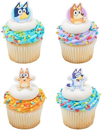 DecoPac Bluey So Much Fun Rings, 24 Cupcake Decorations Featuring Bluey, Bingo, Bandit, and Chilli, 3D Food Safe Cake Toppers – 24 Pack