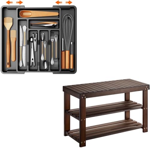 Pipishell Organizer Bundle: Expandable Drawer Organizer for Utensils & Bamboo Shoe Rack Bench for Storage in Kitchen, Bedroom, Living Room