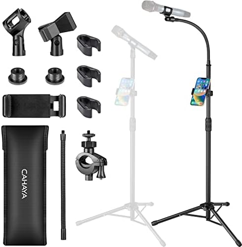 CAHAYA Dual-use Tripod Microphone Stand with Phone Holder Gooseneck Floor Mic Stand Portable with Carrying Bag and 2 Mic Clips for Singing Performance Wedding Stage Meeting Live CY0312