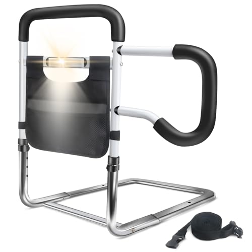 Bed Rails for Elderly Adults Safety, Adjustable Height Bed Guard Rails with Night Motion Light for Seniors, Carbon Steel Bed Assist Rails for Queen King Size Bed (Patent Pending)