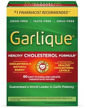 Garlique Garlic Extract Supplement, Healthy Cholesterol Formula, Odorless & Vegan-Friendly, 60 Caplets