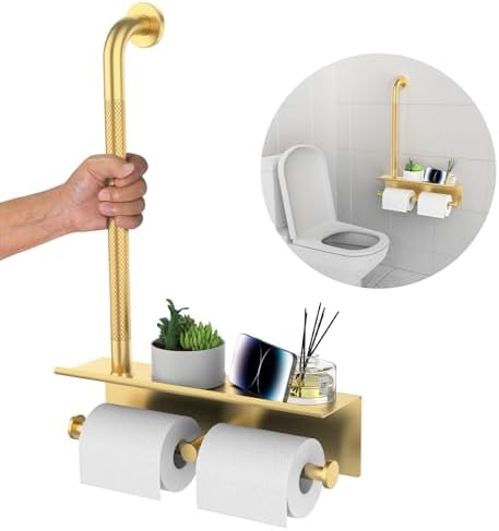 Bathroom Grab Bar w/Toilet Tissue Roll Holder, Gold 3 in 1 Double Toilet Paper Holders w/Storage Shelf, Anti Slip Stainless Steel Safety Hand Rail Support Handicap Elderly Senior Assist Bath Handle