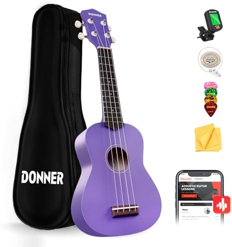 Donner Soprano Ukulele for Beginner 21 Inch Matte Ukulele Beginner Kit with Bag Strap Tuner Strings Picks Cloth, Free Online Lessons (Purple)