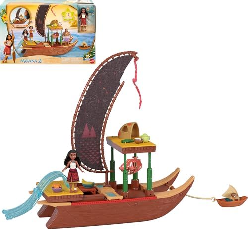 Mattel Disney Moana 2 Toys, Moana’s Adventure Canoe Playset with Floating Canoe, Moana Small Doll, 1 Character Friend, 6 Play Areas & 10 Accessories