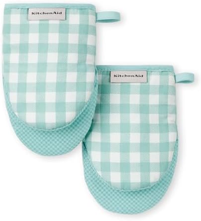 KITCHENAID Gingham Mini Oven Mitt 2-Pack Set, Mineral Water, 5.5"x8"
