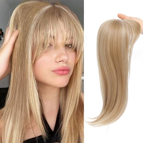 JQM Hair Topper Clip in Bangs, 3D 360° Cover Hair Toppers for Women with Thinning Hair, 18 Inch Fluffy Toppers Hair Pieces for Women (Champagne Blonde with High lights)