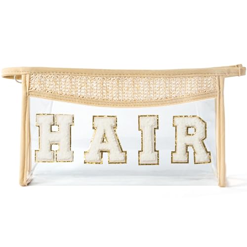 Boho Patch Cosmetic Bag - Valentine's Day HAIR Chenille Varsity Letter Toiletry Bag Beige Clear Waterproof Travel Makeup Bag PVC Zipper Clutch Daily Use Purse New Year Gifts for Women Girls