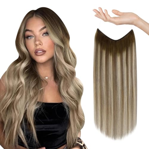 Sunny 120g Wire Human Hair Extensions Ombre Fishing Line Hair Extensions Dark Brown Ombre Ash Brown Mix Light Blonde Invisible Hair Extensions with Clip ins Remy Hair Ombre 20Inch