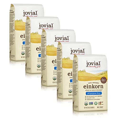 Jovial Organic Einkorn Unbleached All Purpose Flour - Bread Baking Flour for Sourdough, High Protein, Non-GMO, Organic Pizza & Pasta Flour, European Italian Flour, Glyphosate Free - 32 Oz, 5 Pack