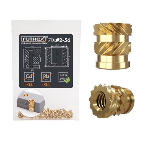 ruthex #2-56 Threaded Inserts - 70 Pieces RX-2-56x4 Brass Heat Set Insert for Plastic Parts - Inches UNC knurled Nuts - Insert by Heat into 3D Printing Components