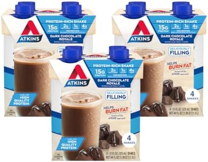 Atkins Dark Chocolate Royale Protein Shake, 15g Protein, Low Glycemic, 2g Net Carb, 1g Sugar, Keto Friendly, 12 Count