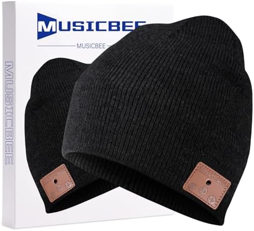 beanie Bluetooth, MUSICBEE Bluetooth V5.2 Wireless Knit Winter Cap, 24 Hour Play time, Built-in Microphone and HD Stereo Speakers(Black