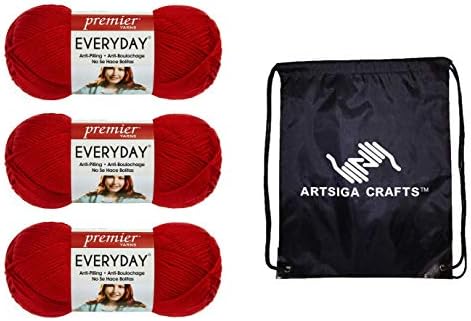 Premier Yarns Everyday Anti-Pilling Solid Really Red DN100-7 (3-Skeins - Same Dye Lot) #4 Worsted Weight Acrylic Yarn for Crocheting and Knitting with Project Bag