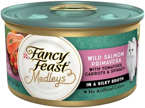 Purina Fancy Feast Wet Cat Food Medleys Wild Salmon Primavera With Tomatoes Carrots and Spinach in Silky Broth - (Pack of 24) 3 oz. Cans