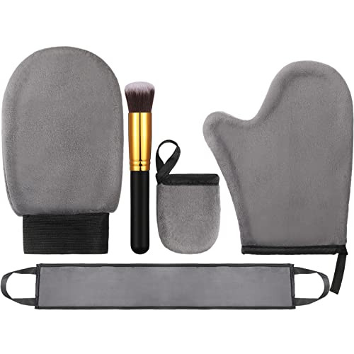 Boao 5 Pieces Self Tanning Mitt Applicator Kit, Includes Tanning Mitt, Exfoliating Glove, Mini Face Glove, Back Lotion Applicator, and Large Brush Makeup(Gray)