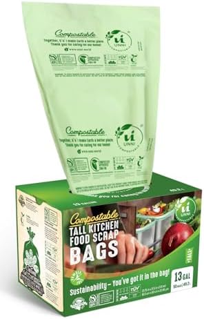 UNNI Compostable Liner Bags, 13 Gallon, 49.2 Liter, 100 Count, Heavy Duty 0.9 Mil, Tall Kitchen Food Scrap Waste Bags, ASTM D6400, US BPI, CMA and Europe OK compost HOME Certified