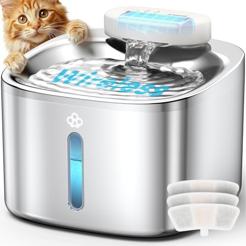 oneisall Wireless Cat Water Fountain, 3.5L/118oz Battery Operated Pet Fountain Stainless Steel, Automatic Cat Drinking Fountain Cordless & Rechargeable with Motion Sensor and Low Noise Running