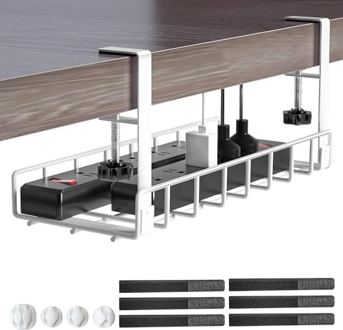 Under Desk Cable Management Tray, Xpatee Upgraded Wire Management No Drill No Screws, Cable Tray with Clamp for Desk Wire Management, Computer Cable Rack for Office, Home - No Damage to Desk White