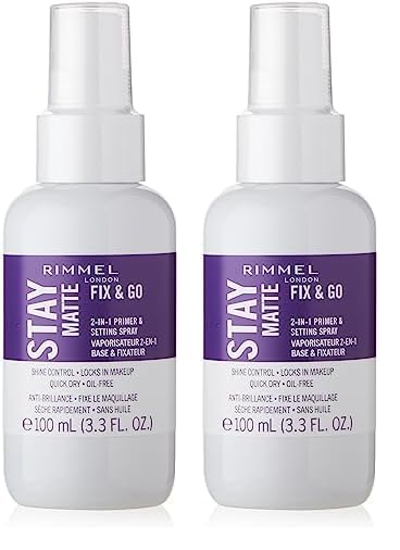 Rimmel London Stay Matte Fix & Go - 001 Transparent - 2-in-1 Primer & Setting Spray, Oil-Free, Locks Makeup into Place, Soothes Skin, 3.4oz (Pack of 2)
