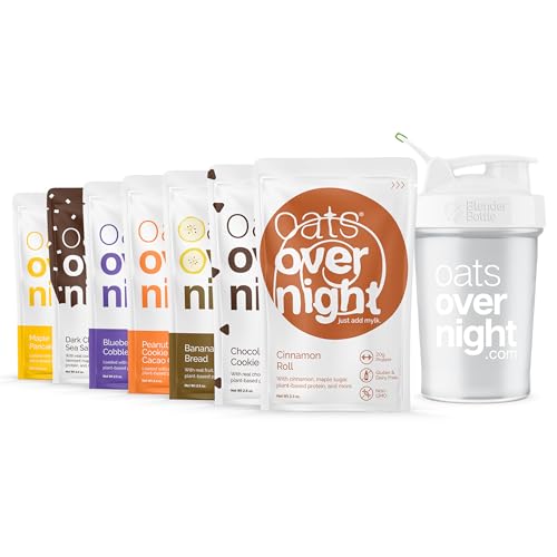Oats Overnight Vegan Variety Pack - High Protein, High Fiber Breakfast Protein Shake - Gluten Free Oatmeal, Non GMO Protein Oatmeal - Banana Bread, Blueberry Cobbler & More (8 Pack + BlenderBottle)