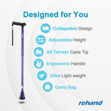 REHAND Walking Cane - Foldable, Adjustable, Collapsible Walking Canes for Men & Women, Heavy Duty All Terrain Tip, with Travel Bag | Walking Sticks for Seniors & Adults (Romance Purple)