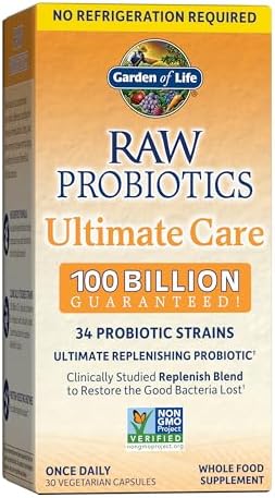 Raw Probiotics - 100 Billion CFU, Shelf Stable, 30 Capsules - For Men and Women, Digestive Enzymes, Clinically Studied Strains - by Garden of Life