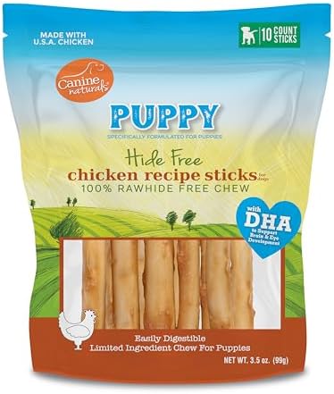 Canine Naturals Puppy Chicken and Rice Chew - Rawhide Free Puppy Treats - Made with USA Chicken - All-Natural & Easily Digestible - 10 Pack of 5-Inch Sticks for Puppies