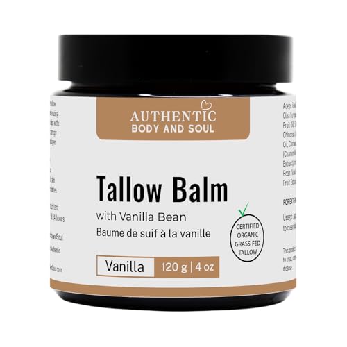 Organic Tallow Cream: Certified Grassfed Beef Tallow Balm with Vanilla, Patchouli and Frankincense. Certified Grassfed/Finished Beef Suet by AGW + Handmade by Authentic Body And Soul (Vanilla-4oz)
