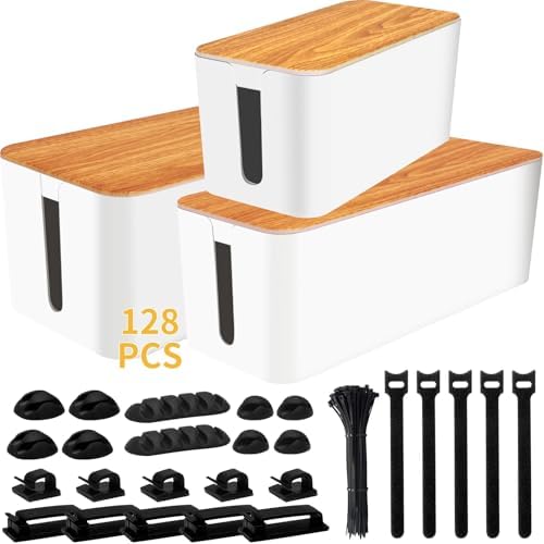 Cable Management Box 3 Pack with 125PCS Cable Management Kit for Power Strip to Hide Wires,Cord Organizer Boxes,Safe ABS Material Wire Organizer of Cable Clips Sleeve