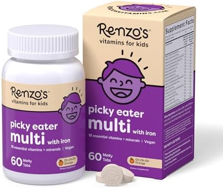 Renzo's Picky Eater Kids Multivitamin with Iron - Dissolving Kids Vitamins with Vitamin D3 & K2 and More - 60 Sugar-Free Melty Tabs, Oh-Oh-Oh Orange Flavor