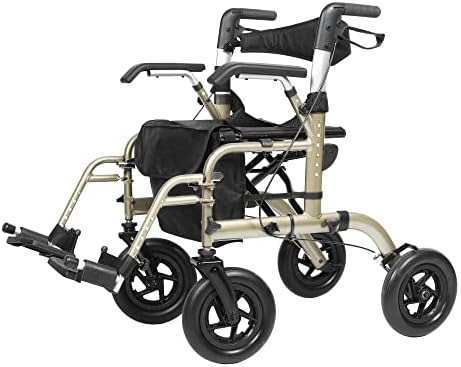 ELENKER All-Terrain 2 in 1 Rollator Walker & Transport Chair, Folding Wheelchair with All 10” Wheels for Seniors, Reversible Backrest & Detachable Footrests, Champagne