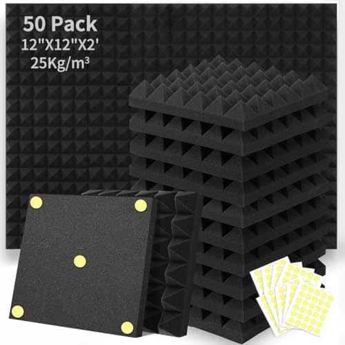50 Packs Acoustic Foam Panels Pyramid 2" X 12" X 12", Soundproofing Foam Noise Cancelling Foam with 300 PCS Double-Side Adhesive