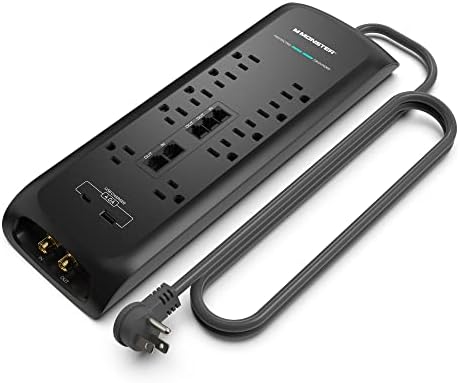 Monster Black Heavy Duty Surge Protector Power Strip 6 ft Cord with 10 120V-Outlet Extension, 2 Ethernet Switch Ports, 4050J Rating, 1 USB-A, and 1 USB-C Charging Ports – Ideal for Computers & Offices
