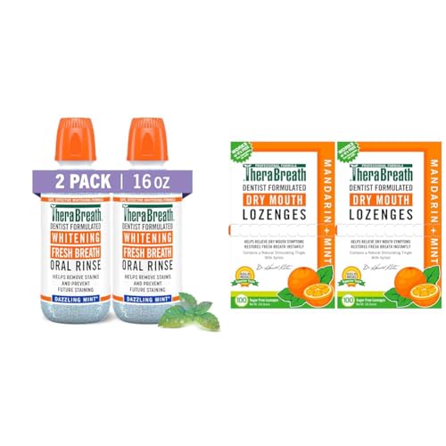 TheraBreath Whitening Mouthwash 16 Fl Oz (2-Pack) & Dry Mouth Lozenges with Zinc 100 Lozenges Mandarin Mint (Pack of 2)