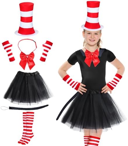 Kyson Cat Costume for Kids Tulle Tutu Skirt Red And White Striped Gloves Bowtie Long Tail For Halloween 100th Days of School