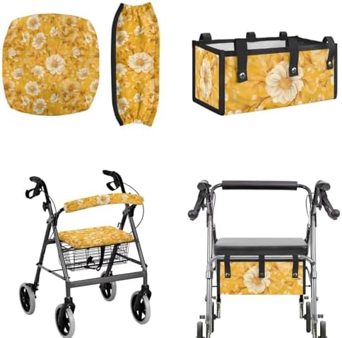 LedBack Cushion Walkers Accessories Sets Yellow Flowers Walker Seat Backrest Covers Replacement Storage Bag for Rollator Seat & Roller Bar Covers, Easy to Clean